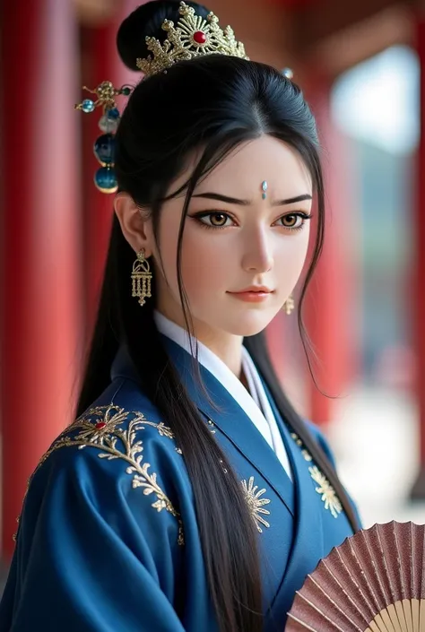 1 beautiful Chinese woman .  Long hair.  Wears a beautiful hairpin.  Beautiful jewelry and makeup. Wearing beautiful hanfu clothes dark blue. Smiling obliquely. fierce face. Son of royal minister. Holding a fan in his right hand. Background of a Chinese ro...