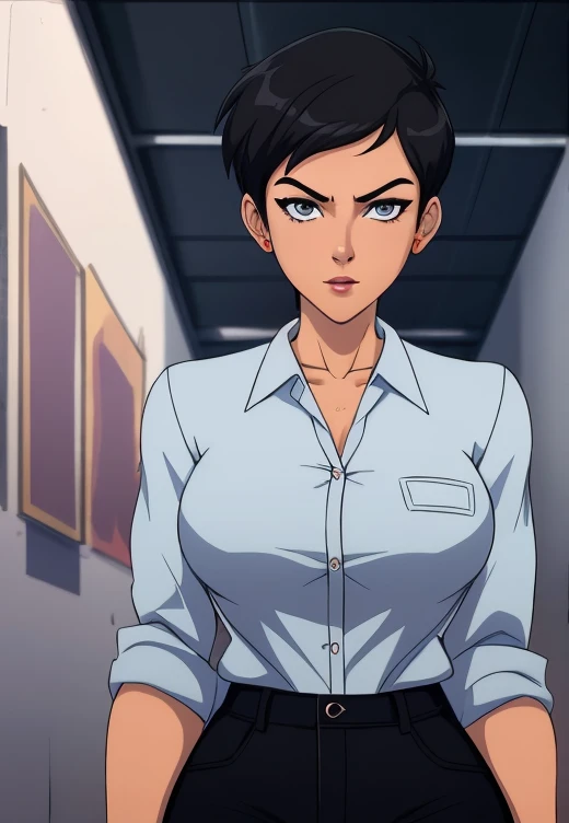 ((ultra quality)), ((masterpiece)), Lois Lane, short stature, ((black short hair tomboy hairstyle)), (Beautiful face), (beautiful female lips), (), charming, ((sexy facial expression)), looks at the camera, eyes slightly open, (light skin color), (light sk...