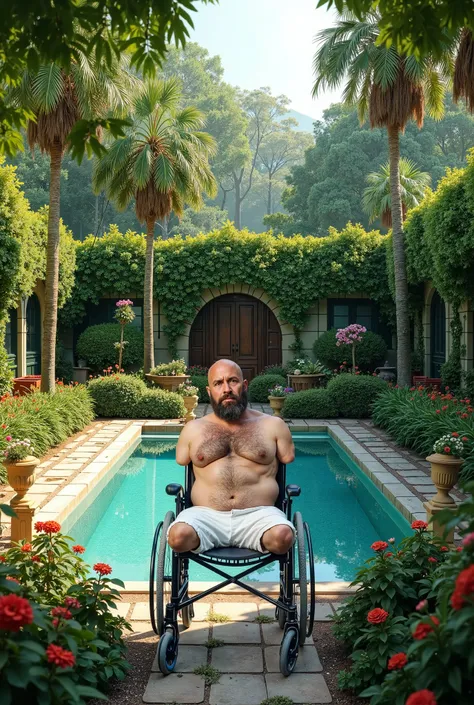 a man without arms or legs in his wheelchair in a garden with a swimming pool