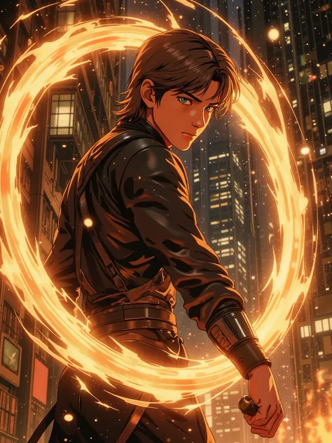 Boy, about twenty years old, with brown hair and straight parting, with green eyes, wearing black , at night, shows the fire show