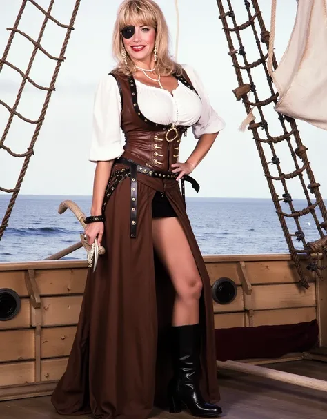 professional photo, 1girl, x-rated, nsfw, Pandora Peaks in a pirate costume, white blouse, long brown leather skirt, vest, sword, eyepatch, black pirate boots standing on a pirate sailing ship, blonde hair, mouth open, smile, bokeh