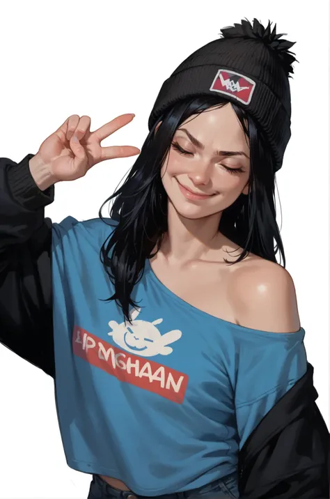 1girl, closed mouth, smirk, closed eyes, black hair, long hair, blue off-shoulder shirt, black beanie, v sign, wide hips, white background, cartoon style