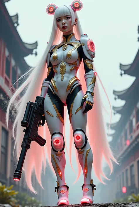 Chinese female warrior, white and transparent body ,   Cyberpunk Long Hair ,  Wearing White, Gold, and Pink Armor ,  Thick, Heavy Armor with Glowing Patterns ., มงกุฎและ jewelry ,   heavy machine gun, wears high-heeled shoes with glowing red patterns ,  We...