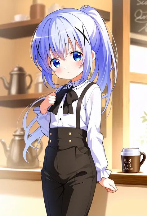 stylish pose ,{long sleeve shirt}, {small black bow tie}, {Y-black suspenders}, {black long pants}, ponytail, {cross-dressing },serious face ,1girl,solo,{Very cool} ,small breasts ,Junior high school student, one woman ,kafuu chino, Original style, Very hi...