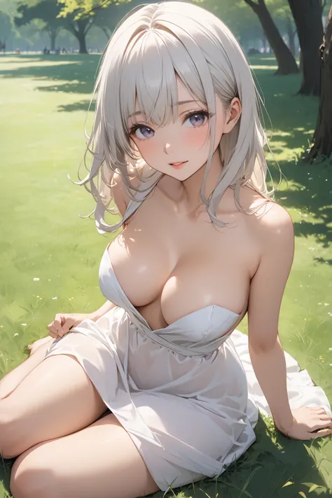  Japanese woman sitting on the grass in a park、 sexy white dress、Woman with moderately open chest 、naked