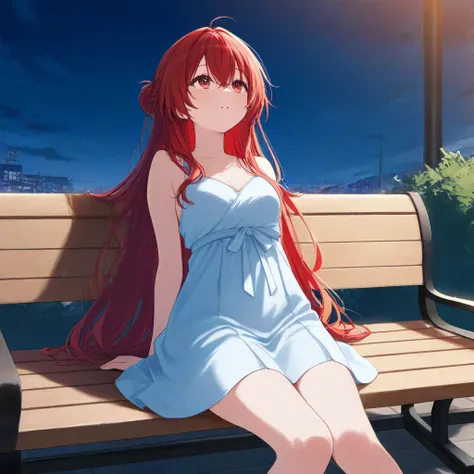  create a girl with fine features wearing urban dress with fantasy red hair, sitting on a bench looking up at the sky 