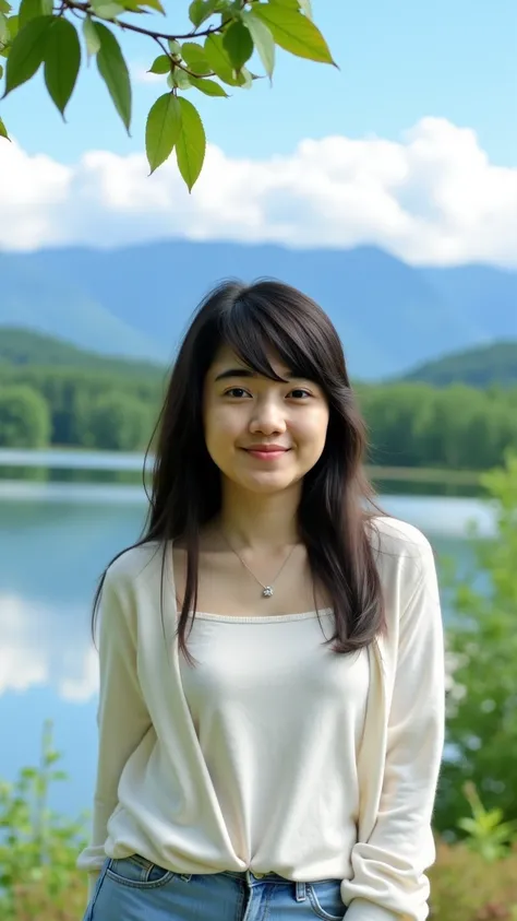 portrait of a women, serene lakeside scene, mountains in background, fluffy white clouds, blue sky, green forest, reflective water, white sweater, blue jeans, delicate necklace, dark hair with bangs, soft lighting, peaceful expression, tranquil atmosphere,...