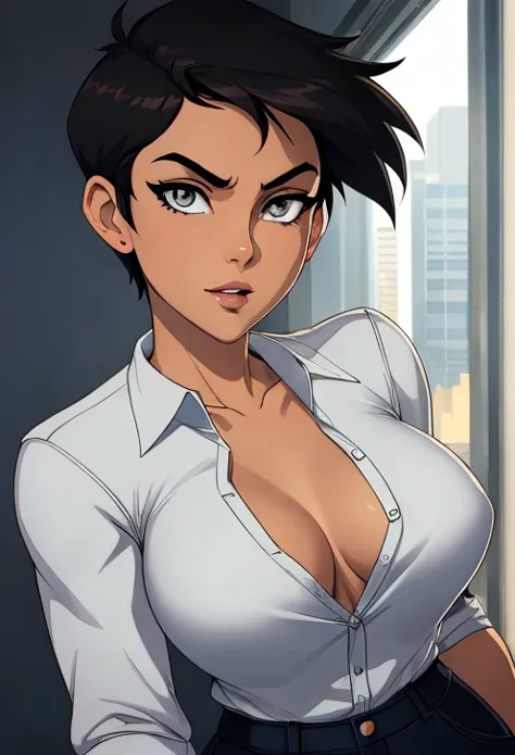 ((ultra quality)), ((masterpiece)), Lois Lane, short stature, ((black short hair tomboy hairstyle)), (Beautiful face), (beautiful female lips), (), charming, ((sexy facial expression)), looks at the camera, eyes slightly open, (light skin color), (light sk...