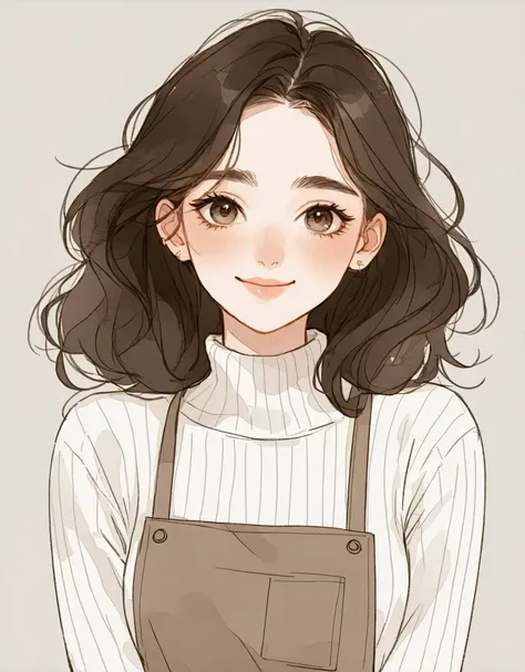  simple illustration 、Woman with wavy hair、I'm wearing a long sleeve turtleneck and an apron、 smiles