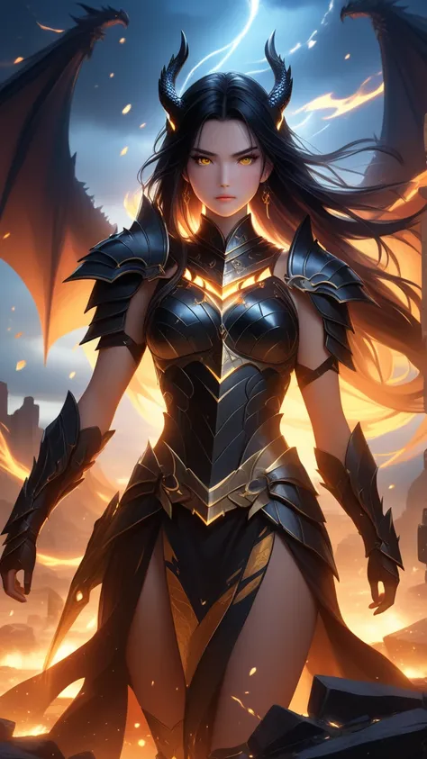 (((masterpiece, best quality, 8k))), female warrior, (full-body), obsidian dragon armor, ethereal glow, long flowing black hair, strands adorned with silver beads, piercing golden eyes, determined expression, standing atop a shattered battlefield, flames a...