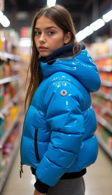 Backside diagonally photo from side behind of a sweaty hot wet angry but beautiful pale freckled cute brunette dutch italian spanish young posing age femboy wearing extreme shiny bright latex bright blue pvc cropped short moncler puffer jacket. Big latex p...