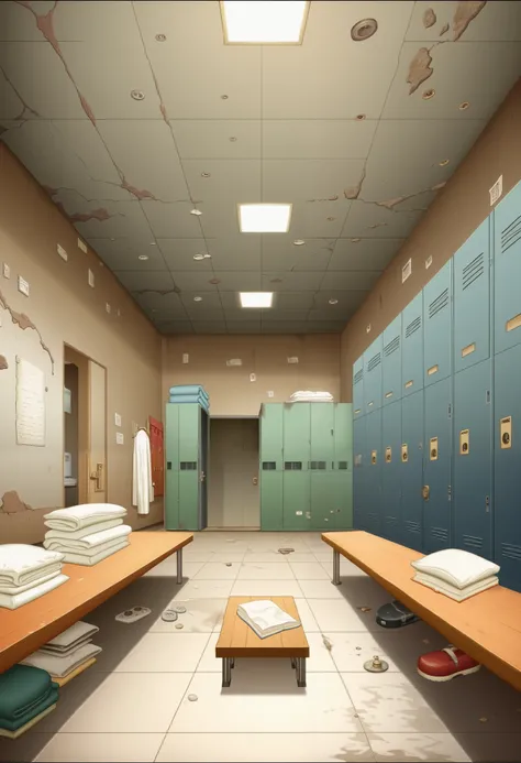 score_9, score_8_up, score_7_up,anime_source, source_anime, best background, detailed background, anime screencap, 4k, upscale, school, indoors, shabby, messy, old, abandoned, interior of locker room, concrete walls, ceramic floor, ceiling light, 