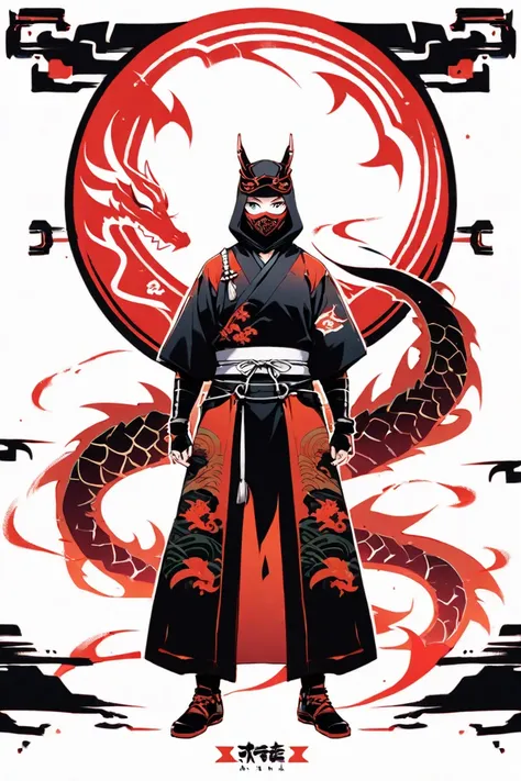  cyberpunk ninja action novel。solo ninja 。((white background illustration ))。(( full body illustration))。(( standing))。Ninja mask。Ninja costume with dragon motif。