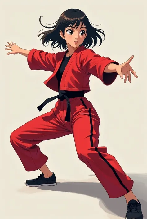 Anime young woman is wearing red taekwondo suit with black shirt and red suitpants with black one stripe