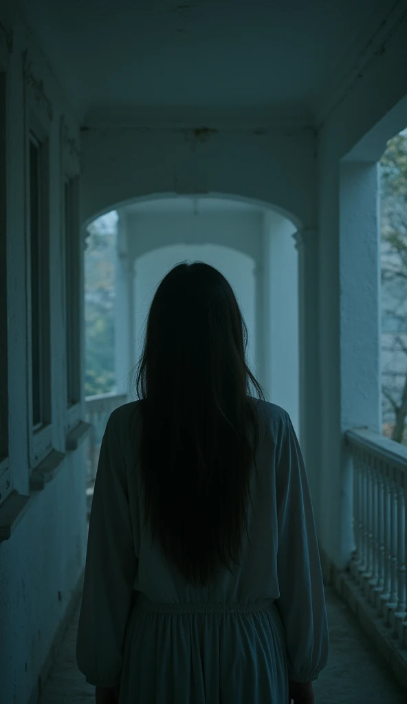 a ghostly terrifying figure of a woman with long hair in a white villa at night. soft, muted tones for the ghostly, dreamlike atmosphere, with just hints of darker shades to bring out that spooky tension