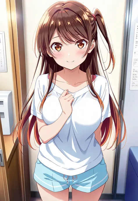 masterpiece,best quality,official art,wall paper,absurdres, beautiful detailed face,detailed texture,detailed skin,BREAK 1girl,Rent-a-Girlfriend (Kanojo, Okarishimasu),Chizuru Mizuhara,Long, straight brown hair with side bangs,side up,brown eyes,shirt,shor...