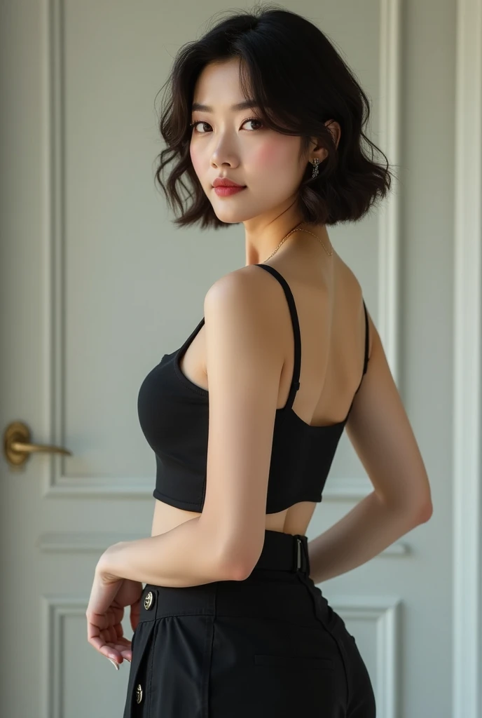 Korean woman in her 40s, full chest, short pants, side profile, short cut, charming eyes