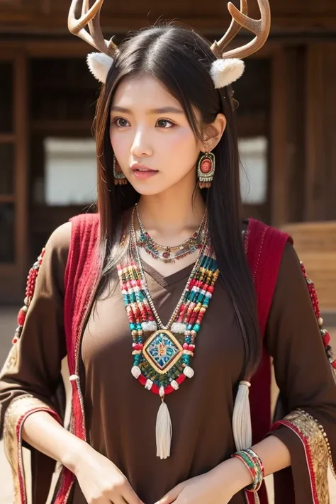  Native American、Navajo tribe 、Decorations、 deer antler necklace 、 pendant top is deer antler、 beads and patterns 、 embellished with leather 、Indian tent 