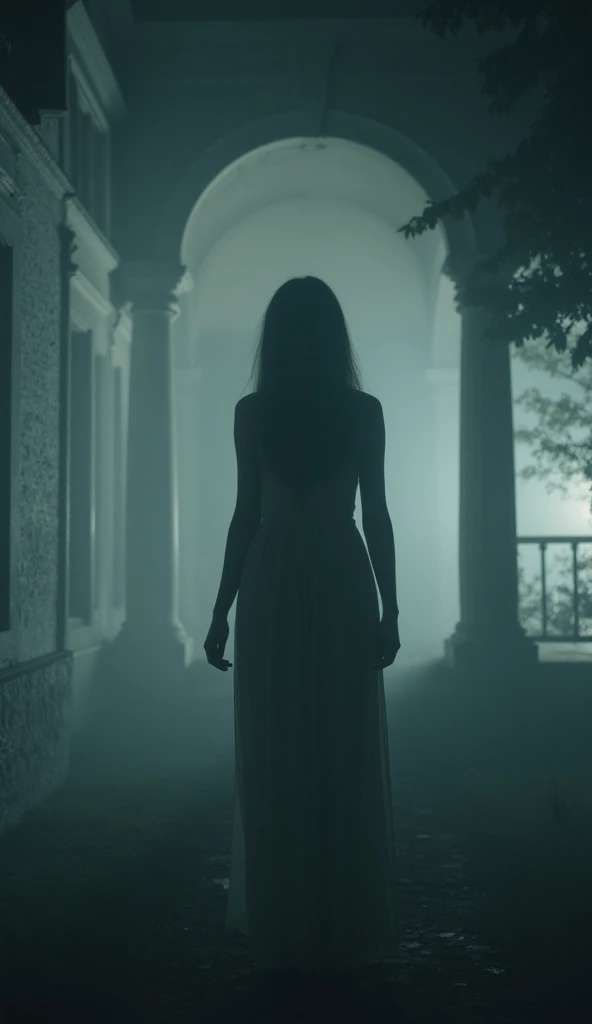 a ghostly terrifying figure of a woman with long hair in a white villa at night. soft, muted tones for the ghostly, dreamlike atmosphere, with just hints of darker shades to bring out that spooky tension