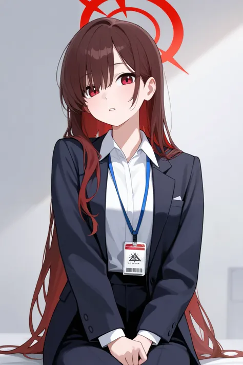 1 girl, Hair length reaches the back, Brown hair and red hair on the edges of the hair, red eyes, but not bright, wear a sexy work outfit, หน้าอกไซส์ปานกลาง, have a red halo