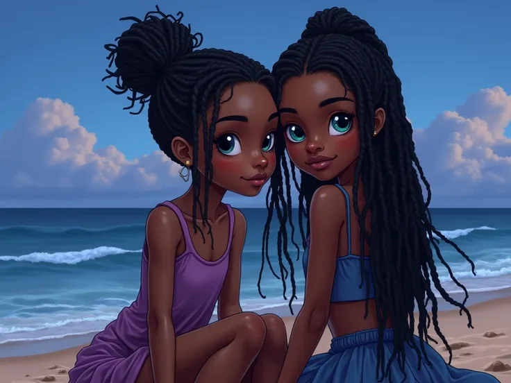 ((work of art))),(((best qualityer))),(((extremely detaild))),illustration,4K, cartoon style of Two black woman sitting at the beach, she with short black dreadlock hair, above the forehead with a tuft (((without fringes))), them at the beach, sea view,  a...