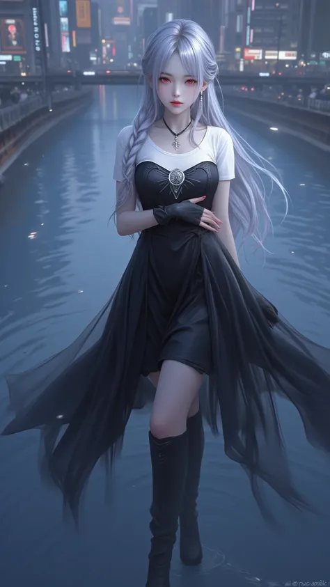 vampire, alone , Lolita Fashion , Slim Waist ,long hair,Single Hair Braid ,Skin is made of water ,silver hair,red_ eyes,floating, Cross arms,serious,((( black round neck dress ,WHITE T-SHIRT BOTTOM ))), Fine Fabric Accentuated , tall boots , Earrings,neckl...