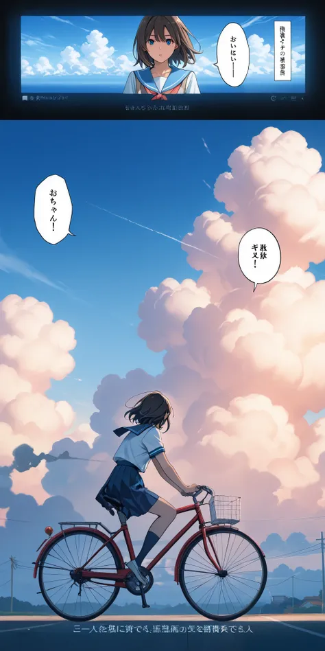 High writing precision, no crushed frames, high precision in the finish of each and every frame, Makoto Shinkai art style, a high school girl in a sailor uniform riding a bicycle up a hill, a summer afternoon, a slope in a port town, the sea is visible, sm...