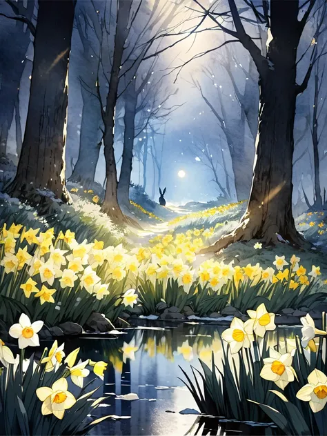 Light-toned watercolor painting、Narcissus flowers are blooming in the forest on a snowy night、 Narcissus shines behind big trees、In the mysterious forest 、Dark Mori、 only daffodils are bathed in light and glowing 、 a rabbit plays beside daffodils 、Strong w...