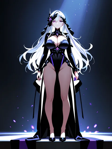 1girl, High Resolution, Long Hair, big Breasts, white hair, Large breasts, Purple Eyes, Mismatched Pupils, Expressionless Eyes, Expressionless, Bloom, Cinematic Lighting, black clothing, full body