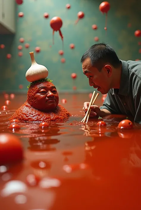 Wide angle photograph. Meatball man swimming in a pool of tomato juice and wearing a garlic bulb on his head, while a hungry Chinese man with chopsticks leans down to eat.