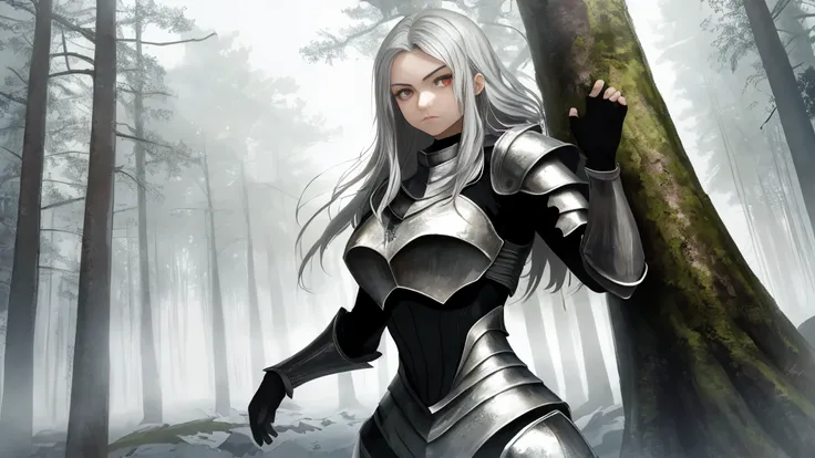 (best quality), (absurdres), (perfect lighting), (high detail), 1girl, female knight, upper body view, silver hair, long hair, red eyes, indifferent facial expression, tight suit, (her armor is black), (armor covers entire body), large breasts, wide hips, ...