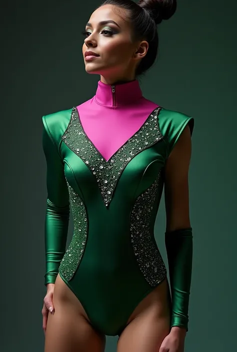 Artistic gymnastics competition costume.  Suit to play character from the movie Wicked: elphaba. green, black and pink . covered chest. Capped arms . Shiny rhinestone . 