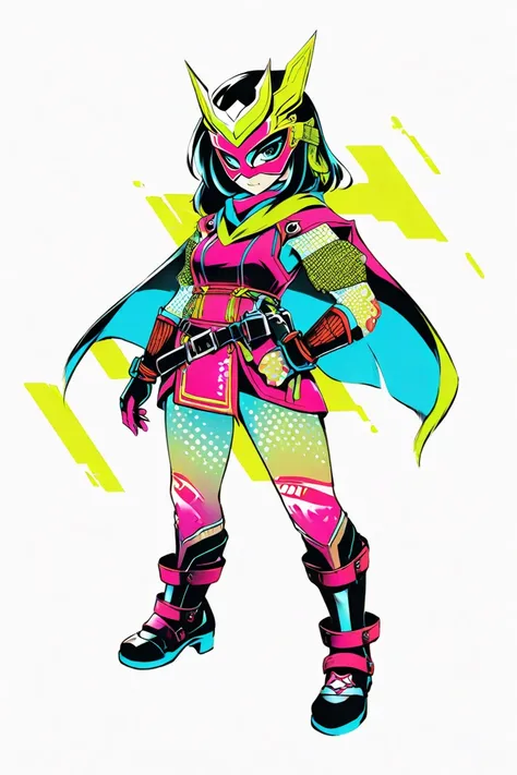  cyberpunk ninja action novel。One female ninja。((white background illustration ))。(( full body illustration))。(( standing))。Ninja mask。 Super Sentai style ninja costume。metallic coloring。