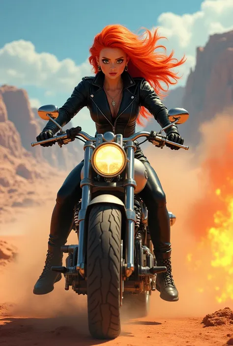 Elsa from Frozen with red hair with fiery eyes wearing a biker costume on a classic firebike in a desert 