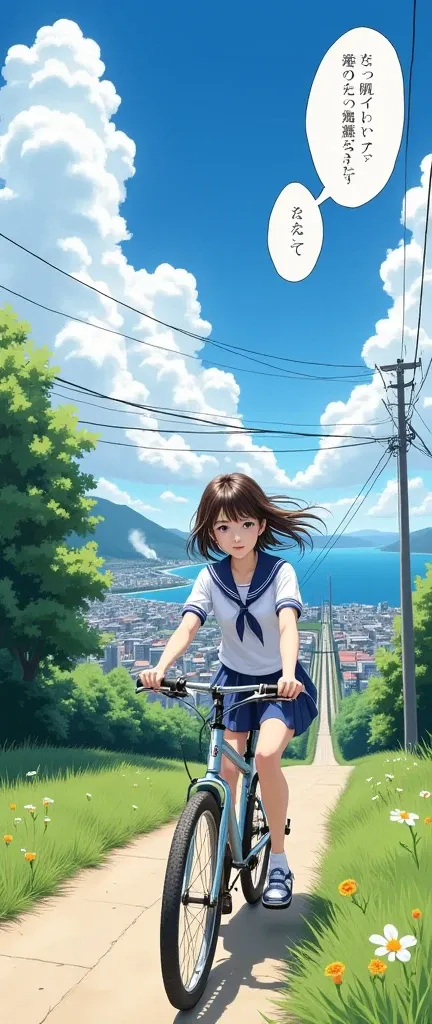 High writing precision, no crushed frames, high precision in the finish of each and every frame, Makoto Shinkai art style, a high school girl in a sailor uniform riding a bicycle up a hill, a summer afternoon, a slope in a port town, the sea is visible, sm...