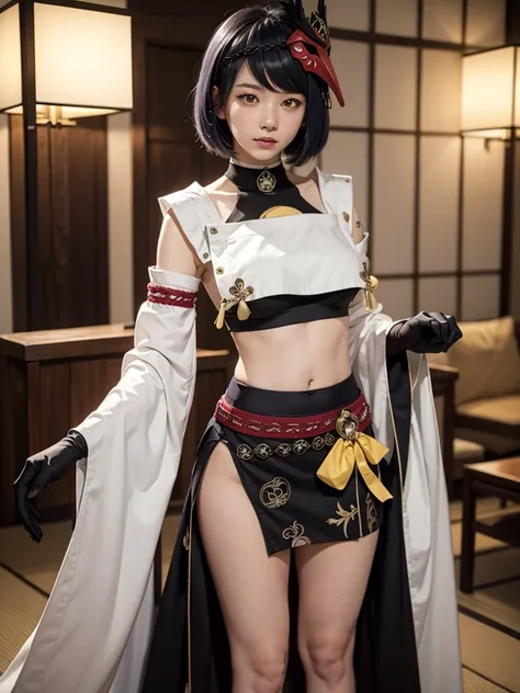 Standing in japanese room, ((midriff, navel)), (kujou sara:1.3), mask on head, blue hair, short hair, yellow eyes, long low-rise skirt, tassel, gloves