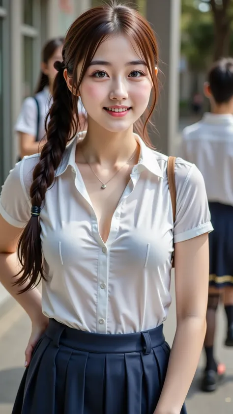 3 beautiful and hyper cute face girls keaning forward at school,wearing school Uniform ,have froumourous body and short height,, Dynamic Angle, ((whole body)), close, Thick outline, Clear contours,  beautiful light brown hair, beautiful brown eyes, ((beaut...