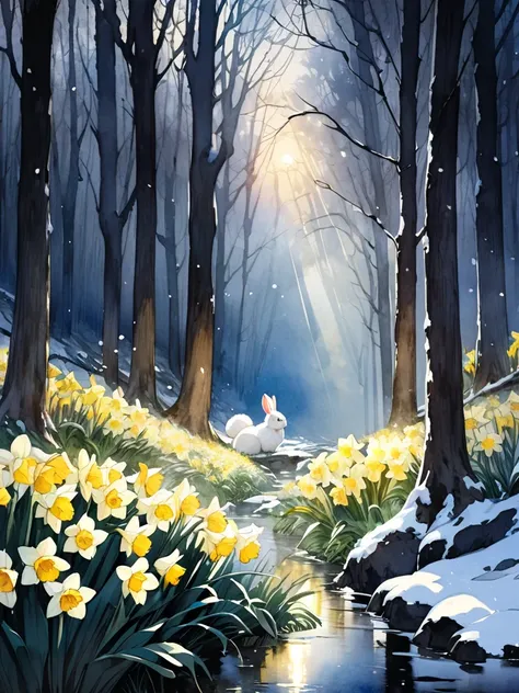 Light-toned watercolor painting、Daffodils are blooming in the forest at night when a lot of snow falls and snow piles up、 Narcissus peek behind a big tree、In the mysterious forest 、Dark Mori、 only daffodils are bathed in light and glowing 、A rabbit plays n...