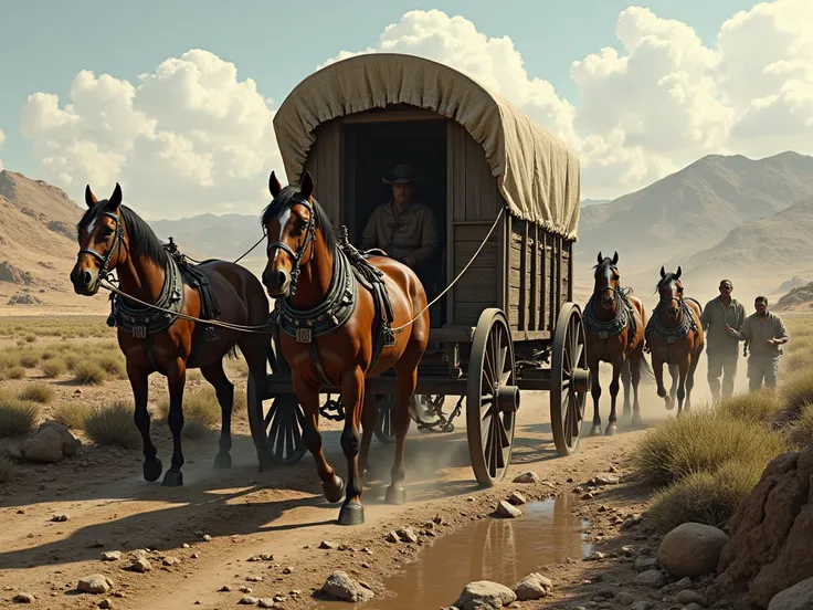 Can you create a realistic image of an Old West horse cart , stuck in a ditch and being pulled out by several slaves pushing it from behind