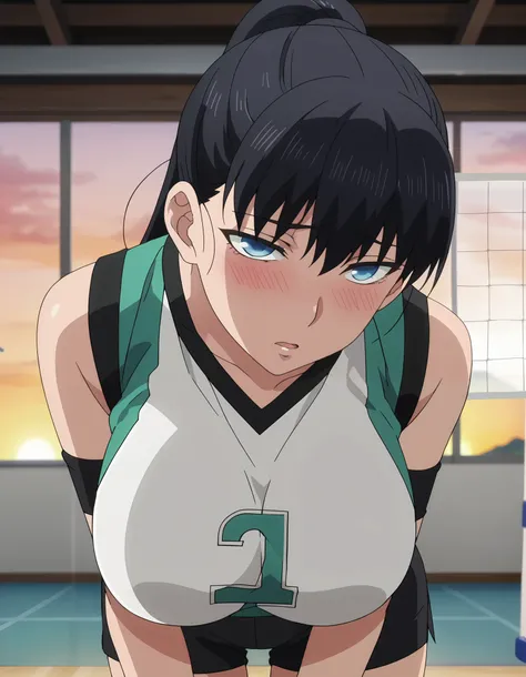 score_7_up, anime screencap, 1girl, solo, parted lips, blush, ponytail, long hair, black hair, blue eyes, ToudouAkira, 1girl, solo, volleyball uniform, sleeveless shirt, white shirt, large breasts, elbow sleeve, black shorts, shy look, blush, pov, gym, sun...