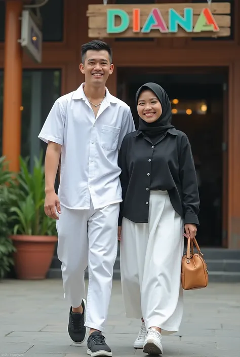 an Asian YOUNG man, hair undercut, wearing a white shirt, white trousers, Nike shoes, together with an Indonesian woman wearing a hijab, wearing a black shirt, white skirt, Nike shoes, smile to camera, carrying a branded bag, they are walking close togethe...