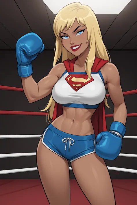 PonyXLV6_Scores BREAK ((parody), perfect anatomy, perfect eyes, cowboy shot) BREAK kara zor-el, long hair, blonde hair, blue eyes, dark-skinned female, lipstick, red lips, flirting, raised eyebrow, half-closed eyes, ((looking at viewer)), superhero, midrif...