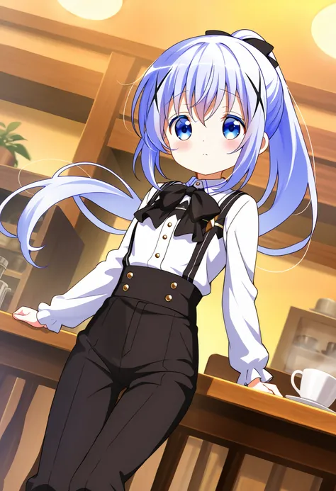 stylish pose ,｛long sleeve shirt｝, ｛small black bow tie｝, ｛Y-black suspenders｝, ｛black long pants｝, ponytail, ｛cross-dressing ｝,serious face ,1girl,solo,｛Very cool｝ ,small breasts ,Junior high school student, one woman ,kafuu chino, Original style, Very hi...