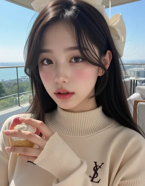 ( A picture of a beautiful Korean beauty with dark hair enjoying luxury sweets while watching the spectacular view:1.3)( smiling innocently :1.1)(Looks dazzling:1.0)(16k,  RAW photos ,  top quality,  Masterpiece: 1.2),( Glossy greige hair that has become u...