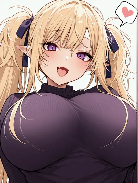 Shishirabotan、elf, pointed ears, beautiful purple eyes,Black knitted clothes、Huge breasts:1.5、sagging breast:1.5、1girl、portrait、spoken heart、face focus、straight hair、Twin tails、Slightly messy hair、White lion、Vertical white lines on clothes,Blonde hair, lon...