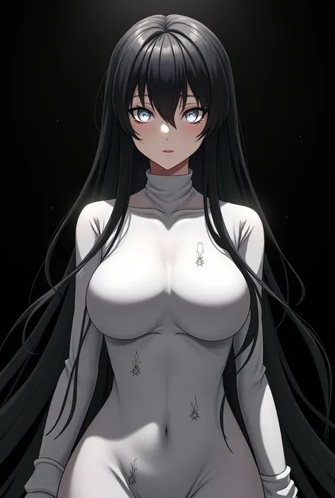 An anime character black hair white eyes white clothes marking her big boobs black background half waist up