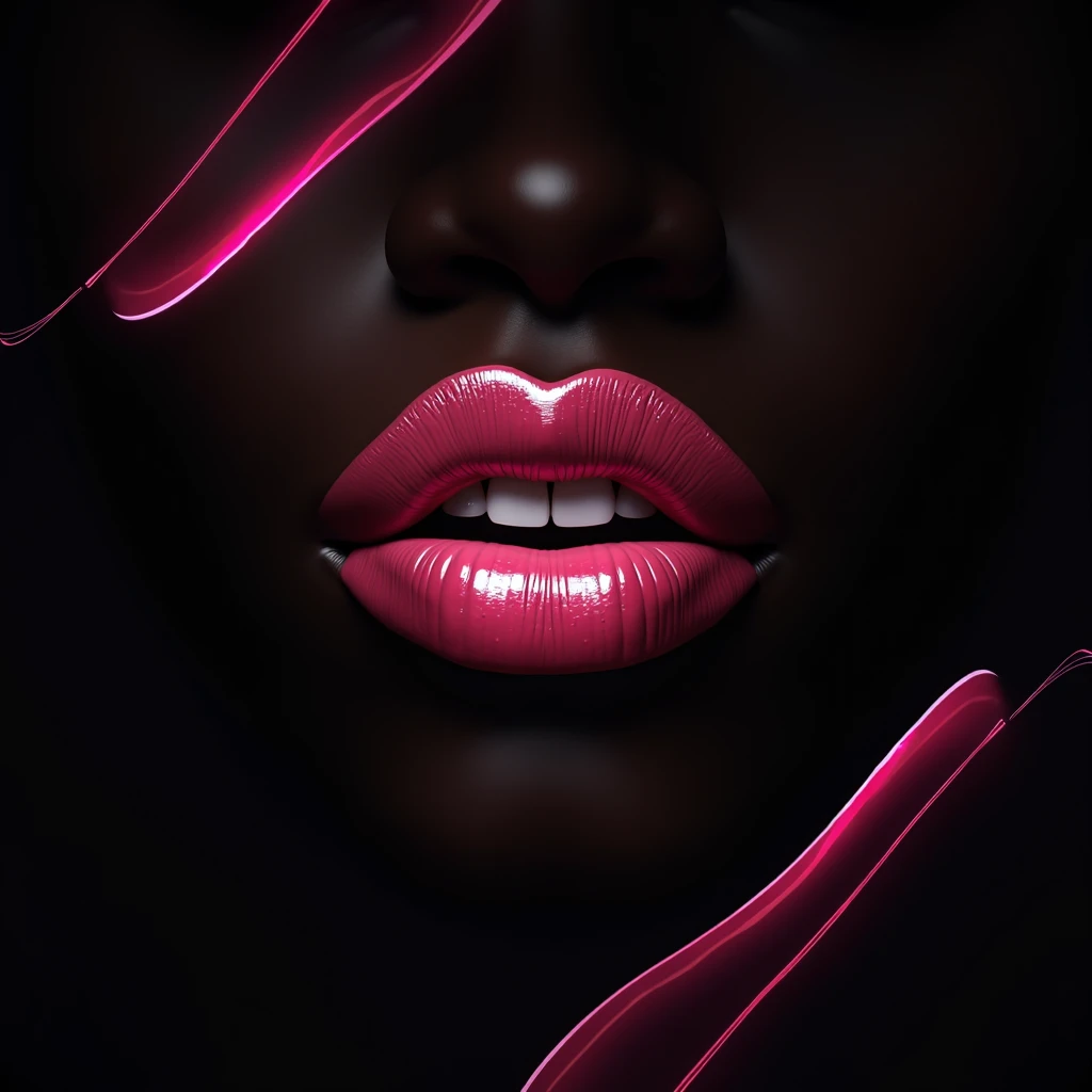 Music album cover with lips of a realistic African woman smiling in high definition and a black background 
