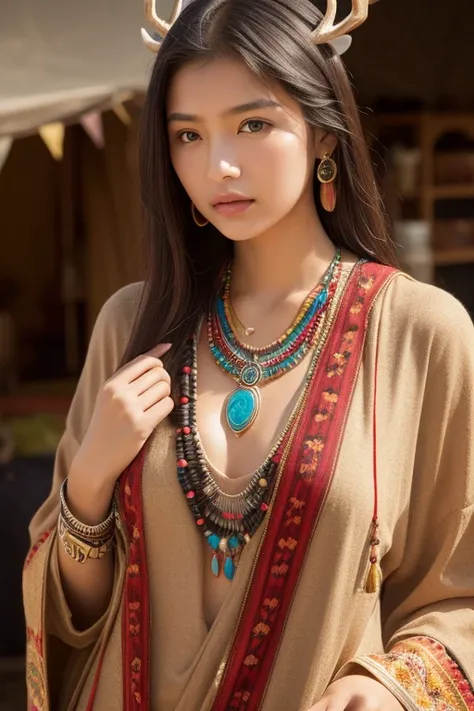  Native American、Navajo tribe 、Decorations、 deer antler necklace 、 pendant top is deer antler、 beads and patterns 、 embellished with leather 、Indian tent 、 No People、Objects only