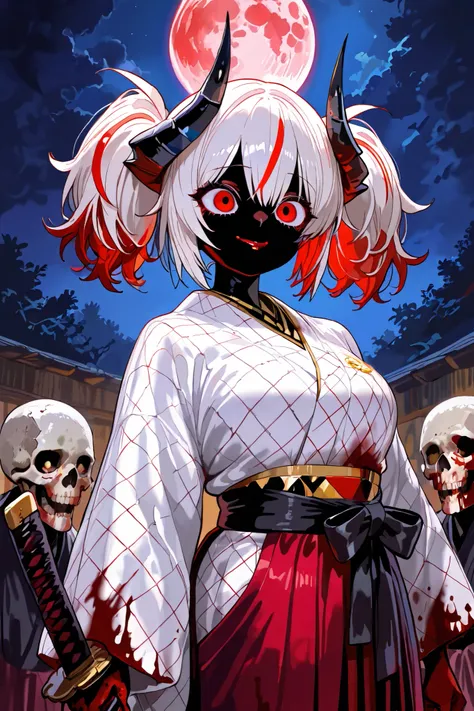 (( top quality)), (( Masterpiece)), ( Details), purple and gold two-tone hair, short hair, twin tails from the back of the head,There are 2 black demon horns,Black Horn,Galactic Eyes,pure white face, Wide Eyes Wide,Bright red lips,pure black skin,A bright ...