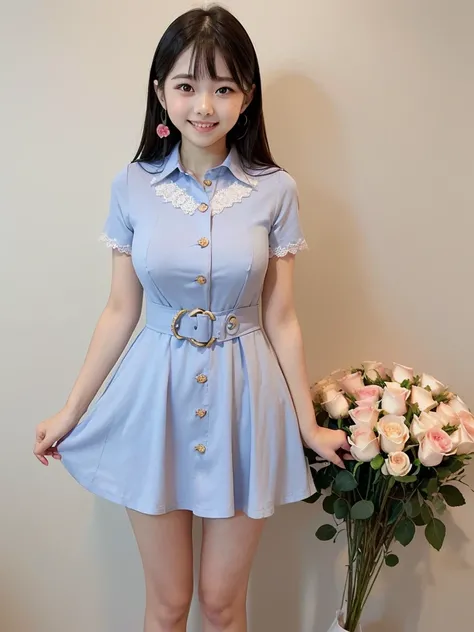 ( HD)、( high quality)、(tight, short-sleeved dress:1.2)、(Collared dress)、( dress with buttons on the chest)、( Japanese girl)、(smile:1.3)、( simple background:1.4)、( lace dress covered in roses:1.2)、(Young face:1.4)、( are small:1.4)、(A simple design one-piece...